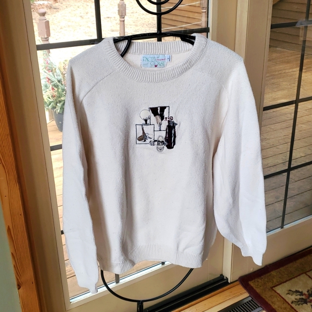 Pacific Coast Vintage Golf Embroidered Knit Sweater Cream Made in USA Large